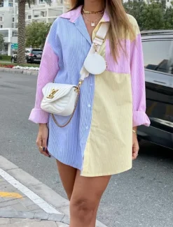 Women's Shirt Blouse Casual Color Block Striped Buttons Pocket Print Long Sleeve Regular Tops Shirt Collar Daily Pink Blue Spring & Summer