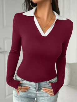 Women's Shirt Blouse Color Block Basic Casual Long Sleeve Shirt Collar Regular Tops Daily Patchwork Black Red Navy Blue Spring Fall Winter