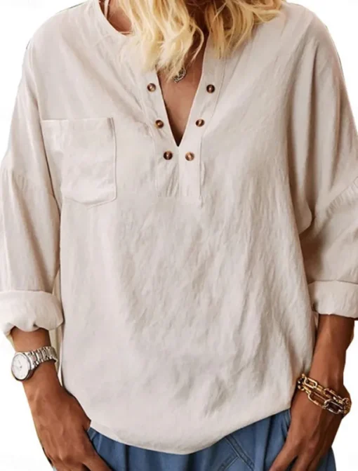 Women's Shirt Blouse Cotton Linen Shirts Solid Color Elegant Stylish Casual Long Sleeve V Neck Regular Tops Daily Holiday Going out Buttons Beige Summer Spring Fall