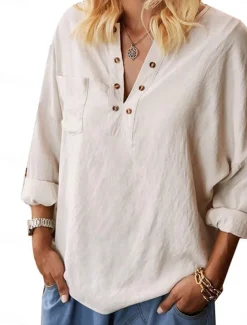 Women's Shirt Blouse Cotton Linen Shirts Solid Color Elegant Stylish Casual Long Sleeve V Neck Regular Tops Daily Holiday Going out Buttons Beige Summer Spring Fall