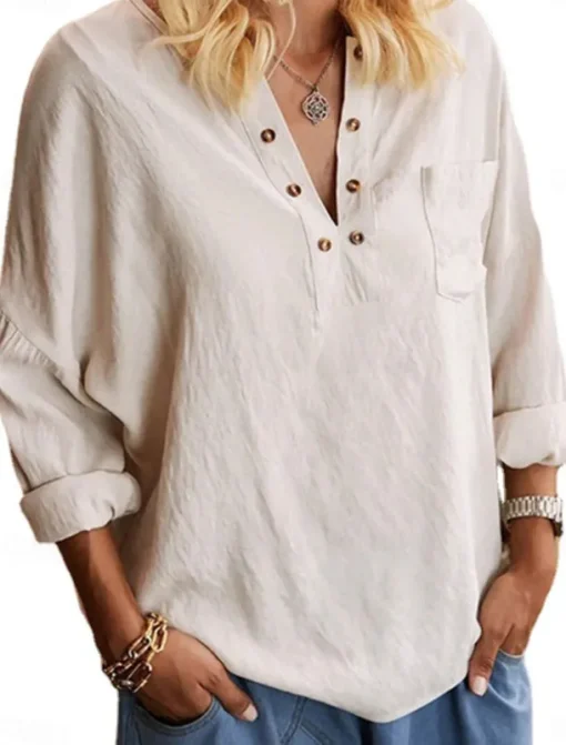 Women's Shirt Blouse Cotton Linen Shirts Solid Color Elegant Stylish Casual Long Sleeve V Neck Regular Tops Daily Holiday Going out Buttons Beige Summer Spring Fall