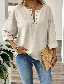 Women's Shirt Blouse Cotton Linen Shirts Solid Color Elegant Stylish Casual Long Sleeve V Neck Regular Tops Daily Holiday Going out Buttons Beige Summer Spring Fall