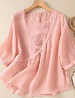 Women's Shirt Blouse Cotton Linen Shirts Solid Color Basic Casual 3/4 Length Sleeve Crew Neck Regular Tops Daily Embroidered White Pink Blue Khaki Summer Spring
