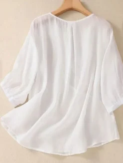 Women's Shirt Blouse Cotton Linen Shirts Solid Color Basic Casual 3/4 Length Sleeve Crew Neck Regular Tops Daily Embroidered White Pink Blue Khaki Summer Spring