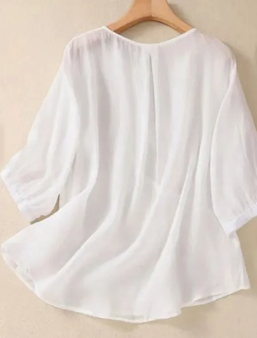 Women's Shirt Blouse Cotton Linen Shirts Solid Color Basic Casual 3/4 Length Sleeve Crew Neck Regular Tops Daily Embroidered White Pink Blue Khaki Summer Spring