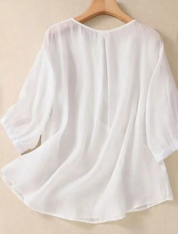 Women's Shirt Blouse Cotton Linen Shirts Solid Color Basic Casual 3/4 Length Sleeve Crew Neck Regular Tops Daily Embroidered White Pink Blue Khaki Summer Spring