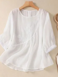 Women's Shirt Blouse Cotton Linen Shirts Solid Color Basic Casual 3/4 Length Sleeve Crew Neck Regular Tops Daily Embroidered White Pink Blue Khaki Summer Spring