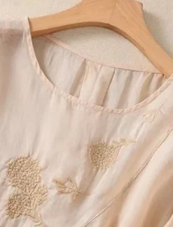 Women's Shirt Blouse Cotton Linen Shirts Solid Color Basic Casual 3/4 Length Sleeve Crew Neck Regular Tops Daily Embroidered White Pink Blue Khaki Summer Spring