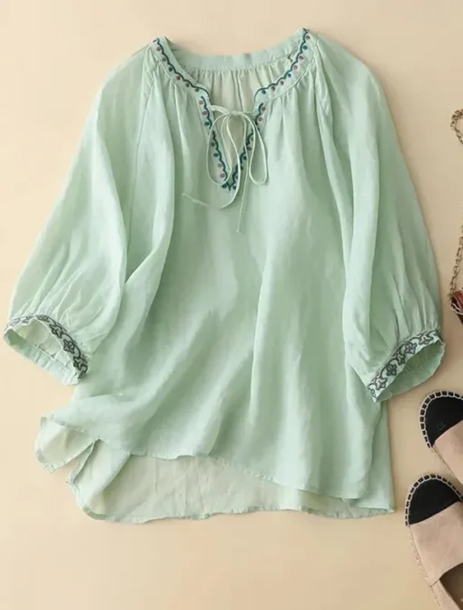 Women's Shirt Blouse Cotton Linen Shirts Plain Fashion V Neck Street Daily Embroidered White Light Green Pink Summer