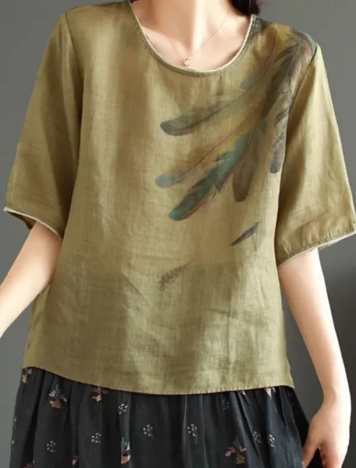Women's Shirt Blouse Cotton Linen Shirts Feather Basic Casual Half Sleeve Crew Neck Regular Tops Daily Print White Pink Green Khaki Summer Spring
