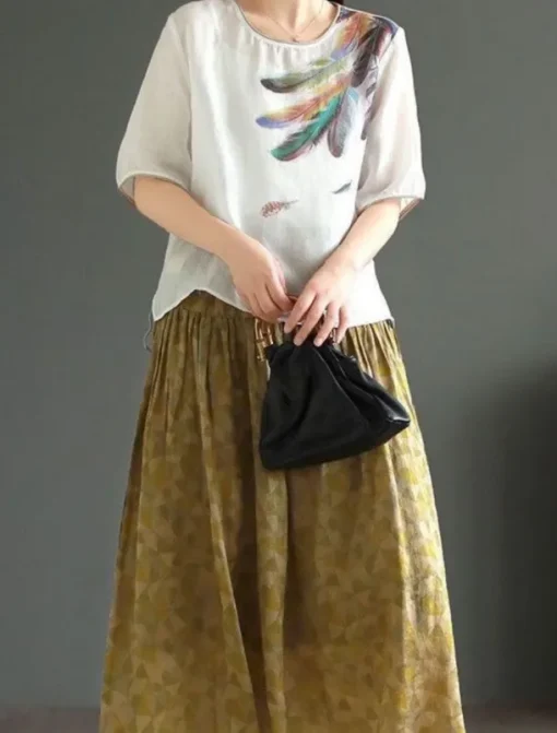 Women's Shirt Blouse Cotton Linen Shirts Feather Basic Casual Half Sleeve Crew Neck Regular Tops Daily Print White Pink Green Khaki Summer Spring