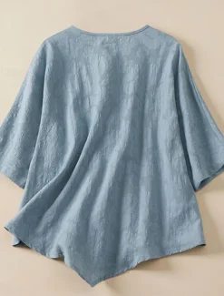Women's Shirt Blouse Cotton Linen Shirts Solid Color Basic Casual 3/4 Length Sleeve Crew Neck Regular Tops Daily Buttons Pink Blue Summer