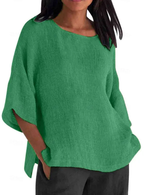 Women's Shirt Blouse Cotton Linen Shirts Solid Color Basic Casual 3/4 Length Sleeve Crew Neck Regular Tops Daily Grass Green Black White Light Green Pink Summer