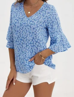 Women's Shirt Blouse Dressy Tops Floral Casual 3/4 Length Sleeve Bell Sleeve V Neck Regular Tops Vacation Daily Print Yellow Blue Green Spring & Summer