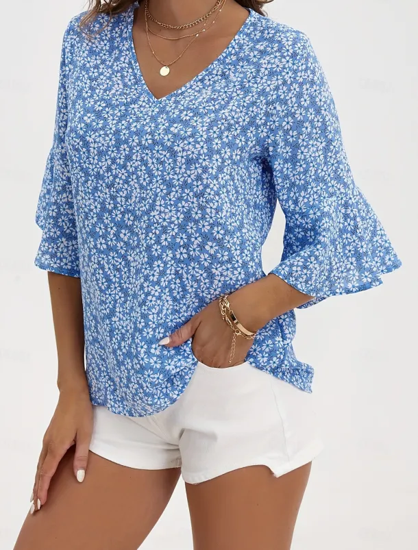 Women's Shirt Blouse Dressy Tops Floral Casual 3/4 Length Sleeve Bell Sleeve V Neck Regular Tops Vacation Daily Print Yellow Blue Green Spring & Summer