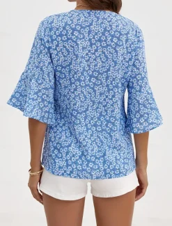 Women's Shirt Blouse Dressy Tops Floral Casual 3/4 Length Sleeve Bell Sleeve V Neck Regular Tops Vacation Daily Print Yellow Blue Green Spring & Summer