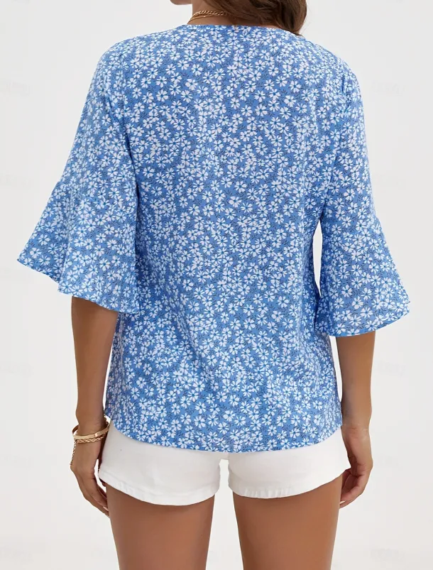 Women's Shirt Blouse Dressy Tops Floral Casual 3/4 Length Sleeve Bell Sleeve V Neck Regular Tops Vacation Daily Print Yellow Blue Green Spring & Summer
