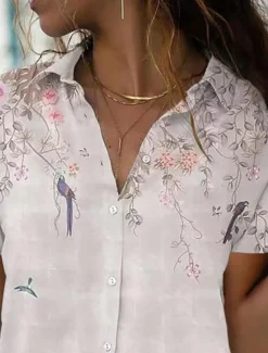 Women's Shirt Blouse Floral Stylish Casual Short Sleeve Shirt Collar Regular Tops Daily Buttons Print Light Green Pink Blue Summer Spring