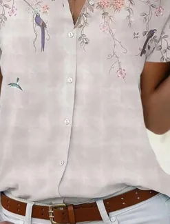 Women's Shirt Blouse Floral Stylish Casual Short Sleeve Shirt Collar Regular Tops Daily Buttons Print Light Green Pink Blue Summer Spring