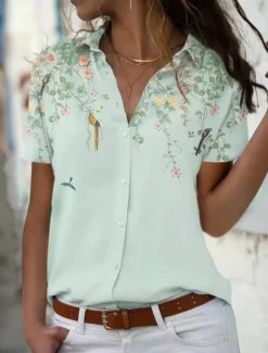 Women's Shirt Blouse Floral Stylish Casual Short Sleeve Shirt Collar Regular Tops Daily Buttons Print Light Green Pink Blue Summer Spring