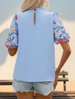 Women's Shirt Blouse Floral Casual Short Sleeve Turtleneck Regular Tops Daily Mesh Patchwork Embroidered Blue Summer Spring