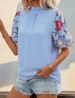 Women's Shirt Blouse Floral Casual Short Sleeve Turtleneck Regular Tops Daily Mesh Patchwork Embroidered Blue Summer Spring