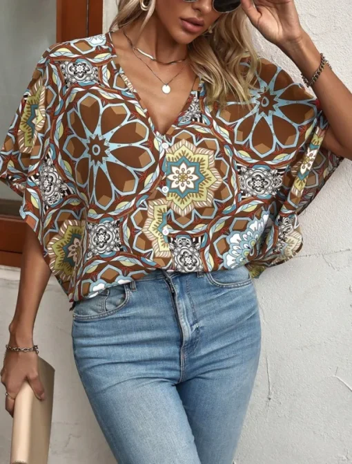 Women's Shirt Blouse Floral Bohemia Vintage Casual 3/4 Length Sleeve V Neck Regular Tops Daily Buttons Print Navy Blue Brown Summer Fall