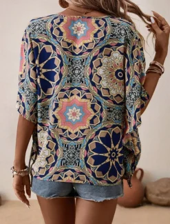 Women's Shirt Blouse Floral Bohemia Vintage Casual 3/4 Length Sleeve V Neck Regular Tops Daily Buttons Print Navy Blue Brown Summer Fall