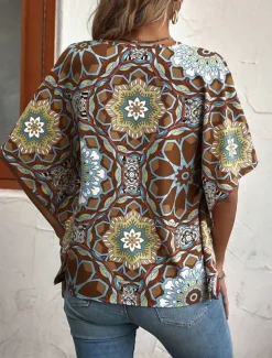 Women's Shirt Blouse Floral Bohemia Vintage Casual 3/4 Length Sleeve V Neck Regular Tops Daily Buttons Print Navy Blue Brown Summer Fall