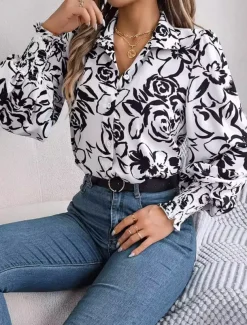 Women's Shirt Blouse Floral Casual Work Stylish Modern Puff Sleeve Long Sleeve White Spring Fall