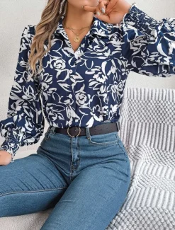 Women's Shirt Blouse Floral Casual Work Stylish Modern Puff Sleeve Long Sleeve White Spring Fall