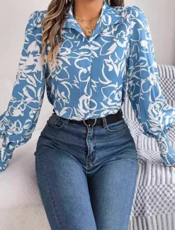 Women's Shirt Blouse Floral Casual Work Stylish Modern Puff Sleeve Long Sleeve White Spring Fall