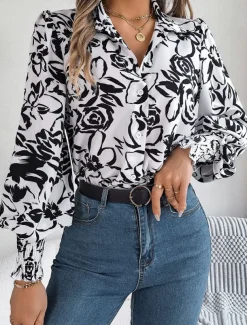 Women's Shirt Blouse Floral Casual Work Stylish Modern Puff Sleeve Long Sleeve White Spring Fall
