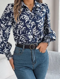 Women's Shirt Blouse Floral Casual Work Stylish Modern Puff Sleeve Long Sleeve White Spring Fall