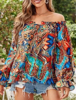 Women's Shirt Blouse Floral Stylish Casual Long Sleeve Off Shoulder Regular Tops Daily Backless Print Royal Blue Blue Fuchsia Green Summer Spring