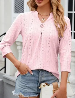 Women's Shirt Blouse Floral Stylish Casual Long Sleeve Notched Neck Regular Tops Daily Eyelet White Pink Summer Spring