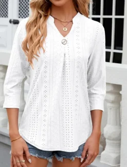 Women's Shirt Blouse Floral Stylish Casual Long Sleeve Notched Neck Regular Tops Daily Eyelet White Pink Summer Spring