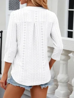 Women's Shirt Blouse Floral Stylish Casual Long Sleeve Notched Neck Regular Tops Daily Eyelet White Pink Summer Spring