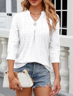 Women's Shirt Blouse Floral Stylish Casual Long Sleeve Notched Neck Regular Tops Daily Eyelet White Pink Summer Spring