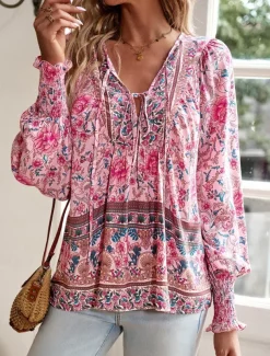 Women's Shirt Blouse Floral Bohemia Casual Long Sleeve V Neck Regular Tops Daily Print Yellow Pink Navy Blue Blue Orange Summer Spring Fall