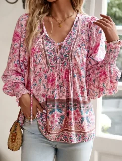 Women's Shirt Blouse Floral Bohemia Casual Long Sleeve V Neck Regular Tops Daily Print Yellow Pink Navy Blue Blue Orange Summer Spring Fall