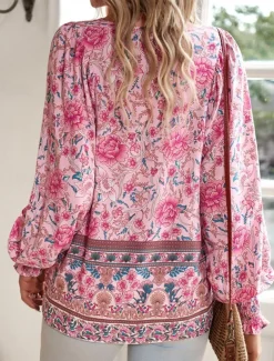 Women's Shirt Blouse Floral Bohemia Casual Long Sleeve V Neck Regular Tops Daily Print Yellow Pink Navy Blue Blue Orange Summer Spring Fall