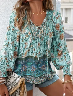 Women's Shirt Blouse Floral Bohemia Casual Long Sleeve V Neck Regular Tops Daily Print Yellow Pink Navy Blue Blue Orange Summer Spring Fall