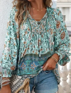 Women's Shirt Blouse Floral Bohemia Casual Long Sleeve V Neck Regular Tops Daily Print Yellow Pink Navy Blue Blue Orange Summer Spring Fall
