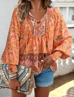 Women's Shirt Blouse Floral Bohemia Casual Long Sleeve V Neck Regular Tops Daily Print Yellow Pink Navy Blue Blue Orange Summer Spring Fall