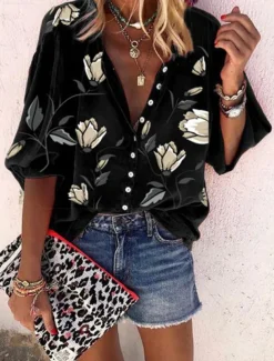 Women's Shirt Blouse Floral Stylish Casual Long Sleeve Shirt Collar Regular Tops Daily Buttons Print Black White Red Orange Summer Spring