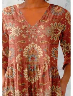 Women's Shirt Blouse Floral Bohemia Daily Retro Vintage Long Sleeve V Neck Regular Tops Daily Print Wine Fuchsia Green Summer Spring