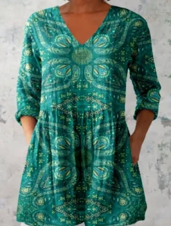 Women's Shirt Blouse Floral Bohemia Daily Retro Vintage Long Sleeve V Neck Regular Tops Daily Print Wine Fuchsia Green Summer Spring