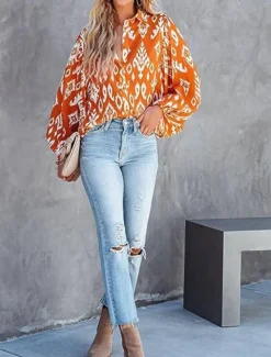 Women's Shirt Blouse Geometric Casual Long Sleeve Shirt Collar Regular Tops Daily Buttons Print Black Orange Spring Fall