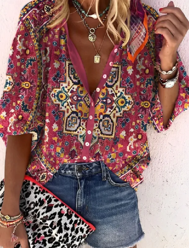 Women's Shirt Blouse Graphic Elegant Daily Stylish 3/4 Length Sleeve High Neck Regular Tops Daily Holiday Going out Buttons Red Green Rainbow Gray Summer Spring Fall